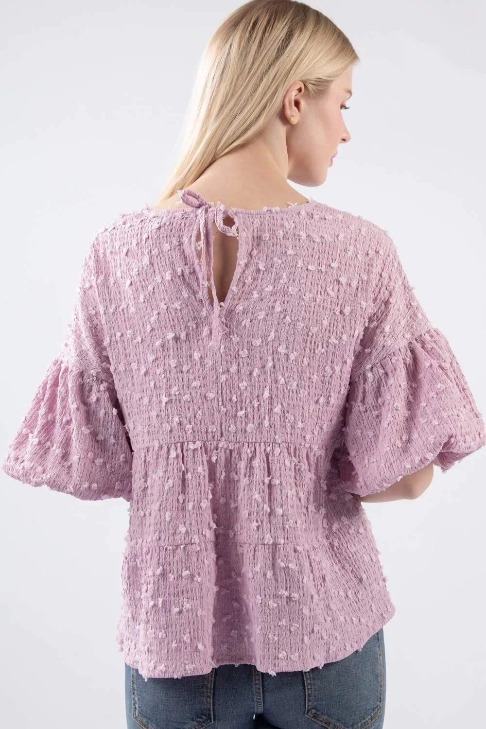 Lilac Crinkle Pom Pom Puff Babydoll Top