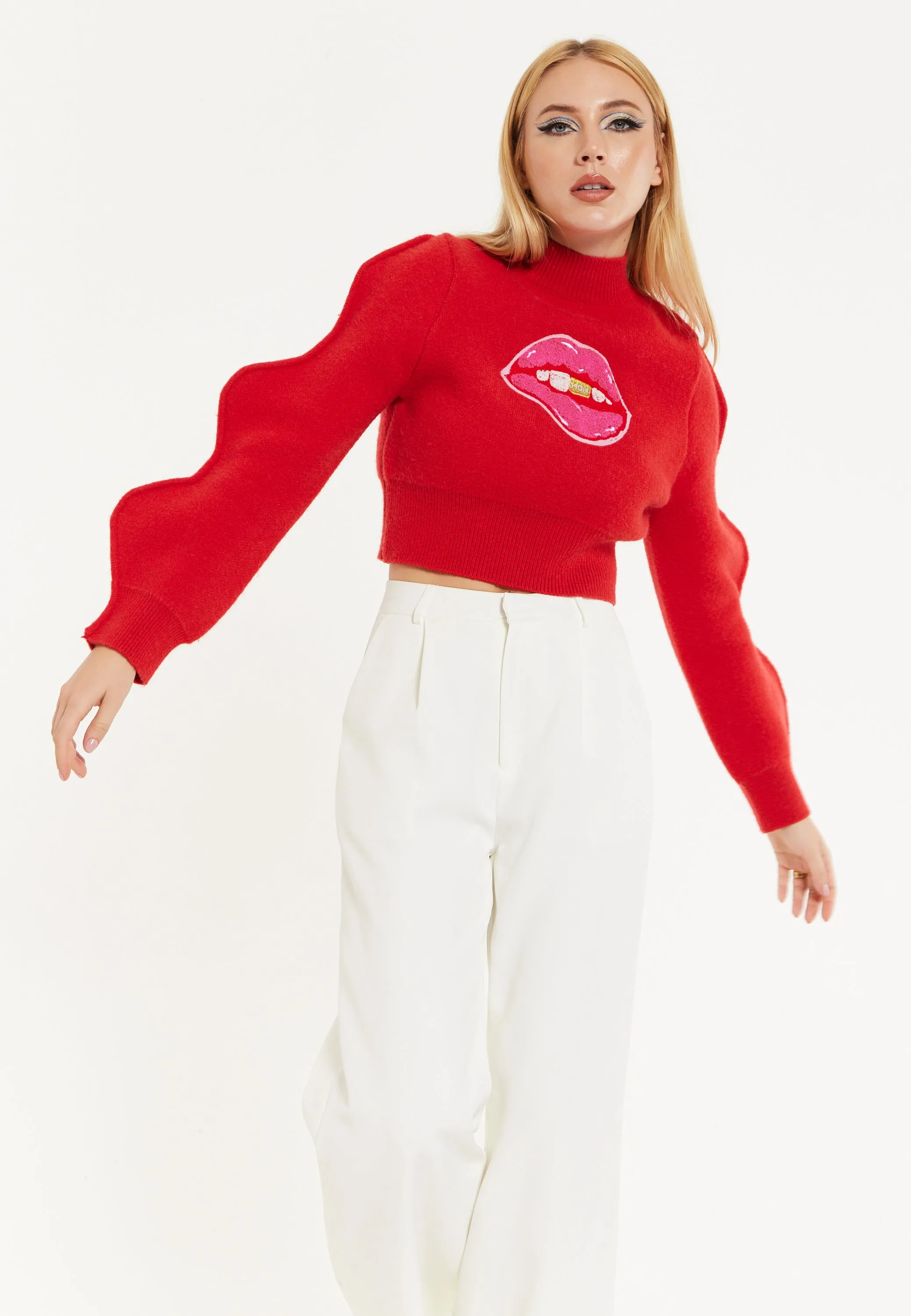 Lip Embroidery Wave Sleeve Jumper In Red