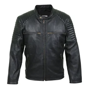 Men Antique Zippers Black Leather Jacket with Padded Shoulders