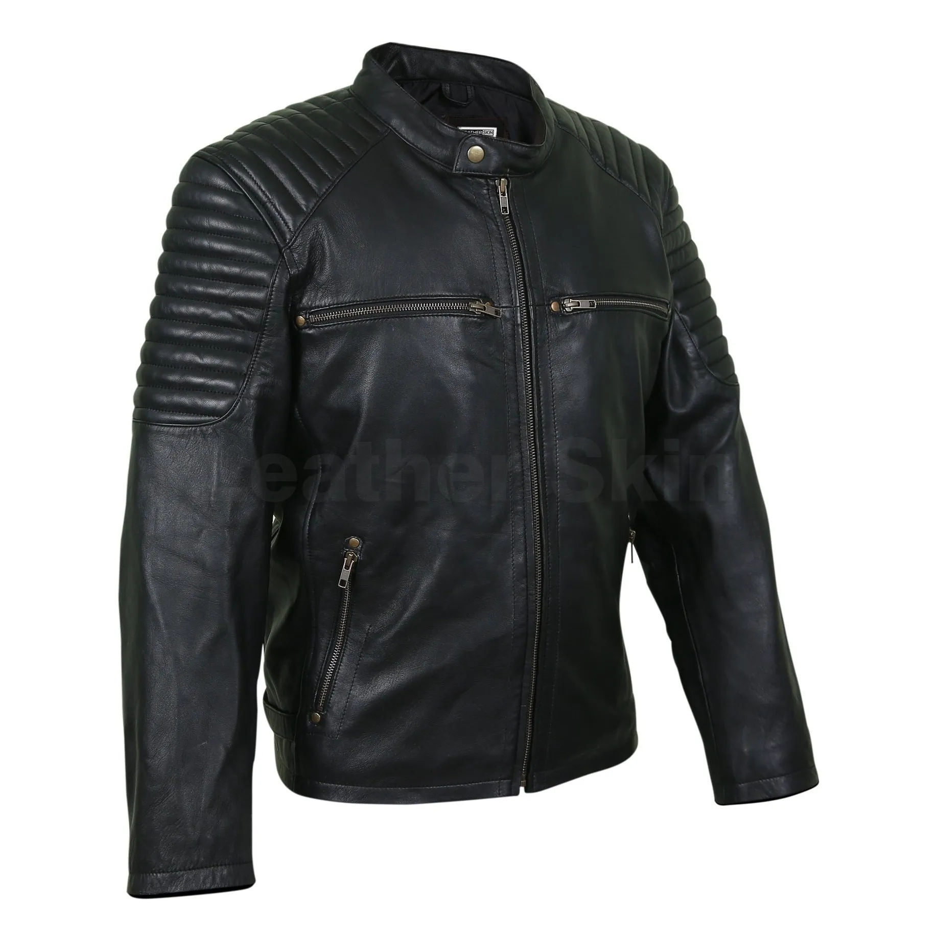 Men Antique Zippers Black Leather Jacket with Padded Shoulders