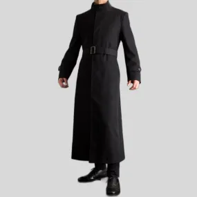 Men's Black Long Snap Button Genuine Wool Trench Belted Coat