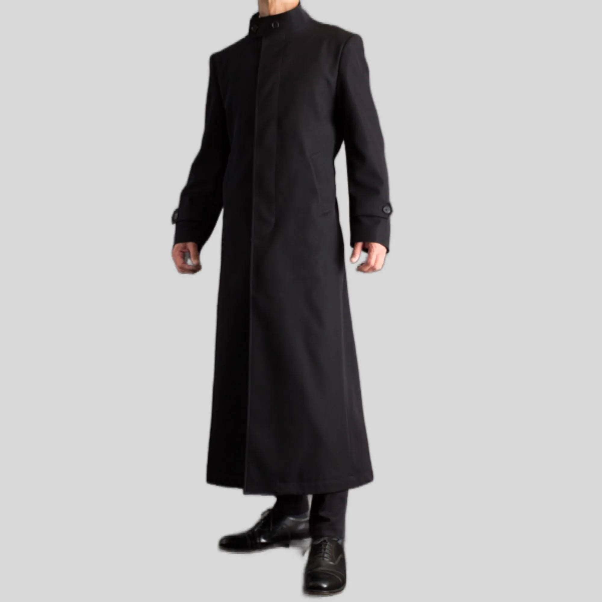 Men's Black Long Snap Button Genuine Wool Trench Belted Coat