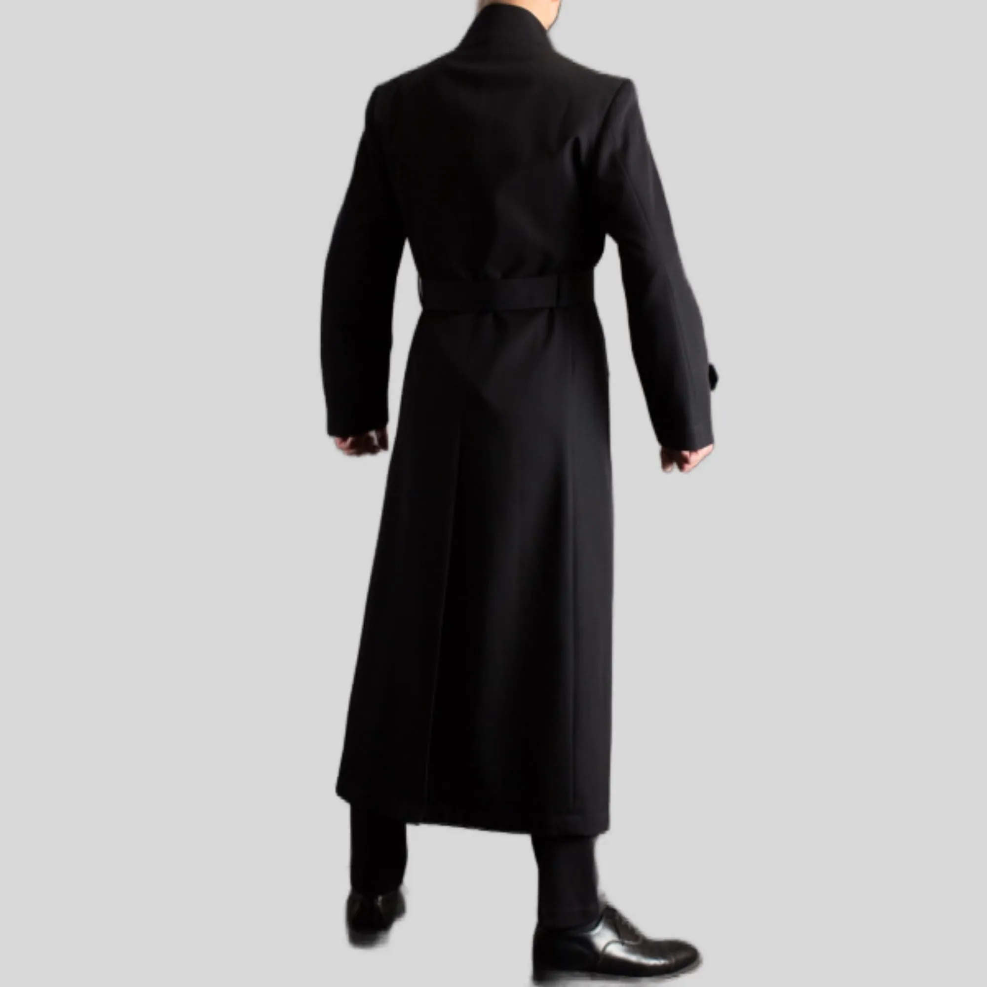 Men's Black Long Snap Button Genuine Wool Trench Belted Coat