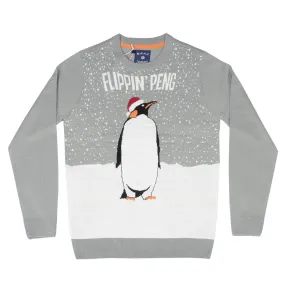 Mens Christmas Jumper Flippin Peng Snow Grey Crew Neck Fun