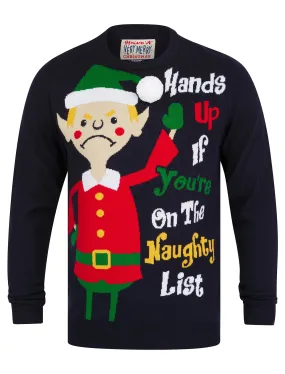 Men’s Hands Up Motif Novelty Knitted Christmas Jumper in Ink - Merry Christmas