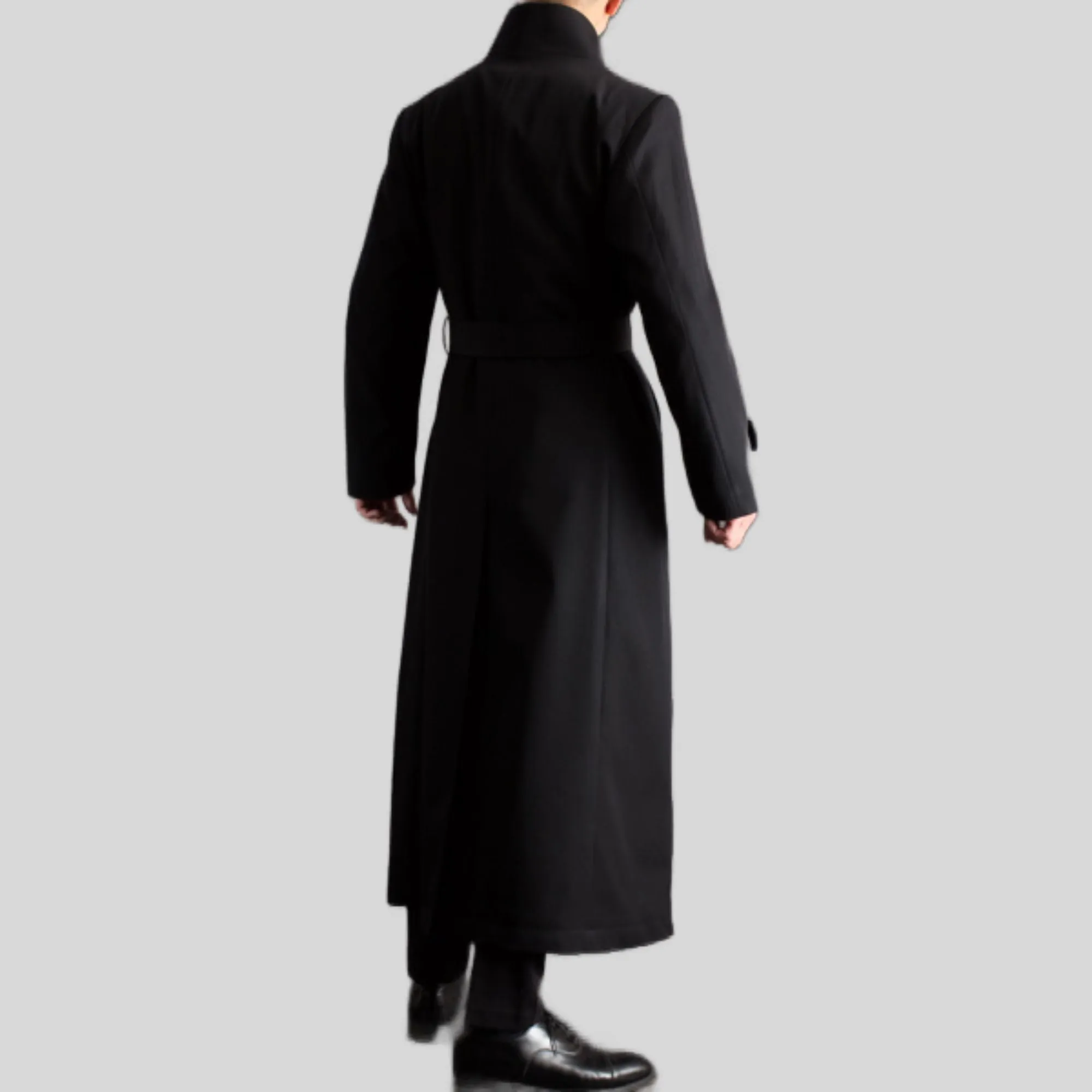 Men's Long Designer Stand-Up Collar Black Belted Genuine Wool Trench Coat