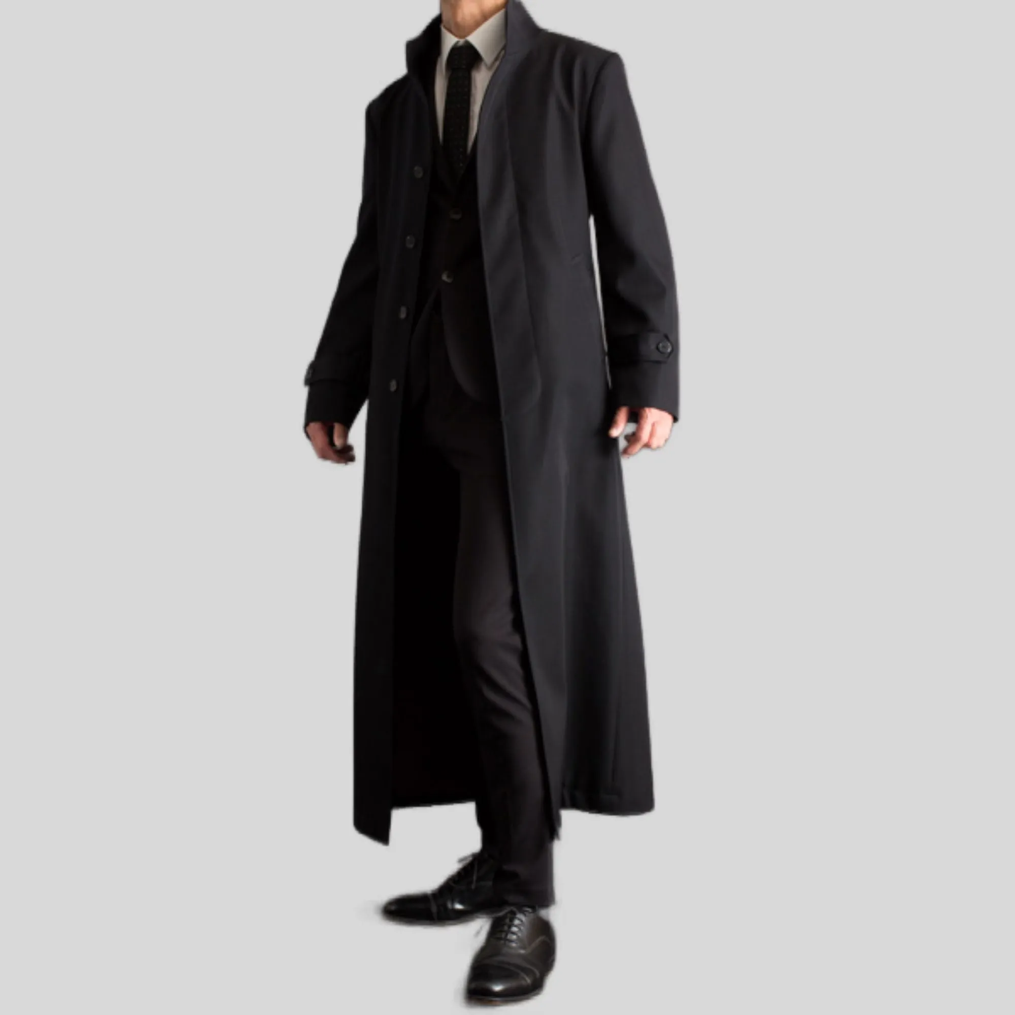 Men's Long Designer Stand-Up Collar Black Belted Genuine Wool Trench Coat