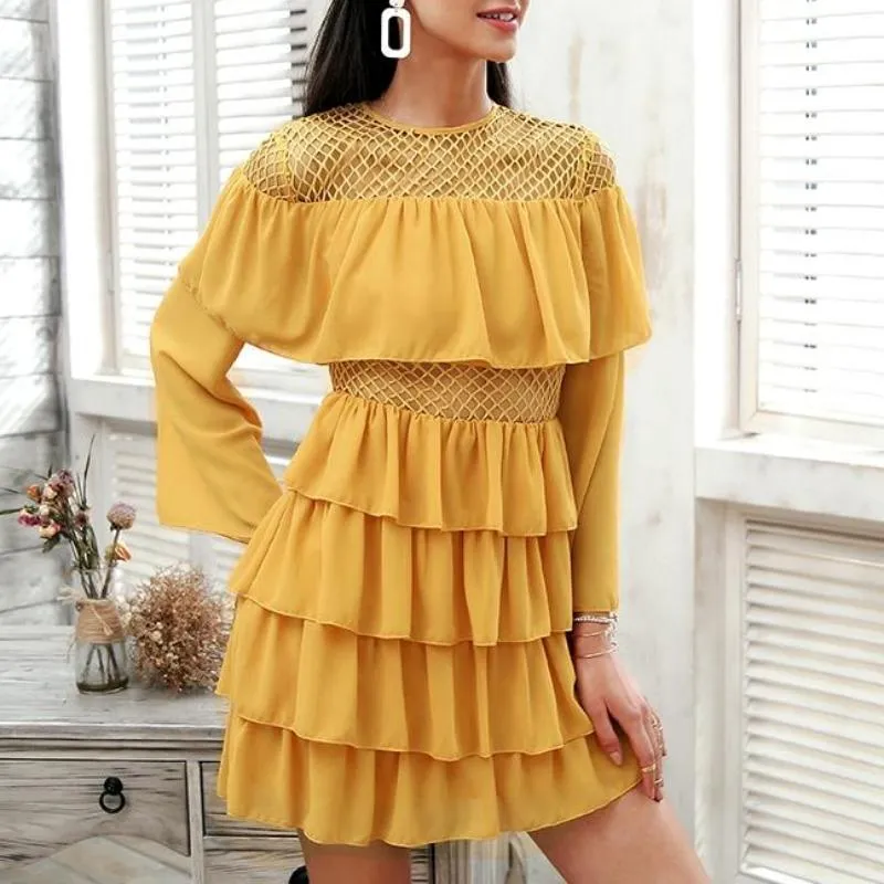 Mesh Hollow Out Summer Flare Sleeve Short Chiffon Dress