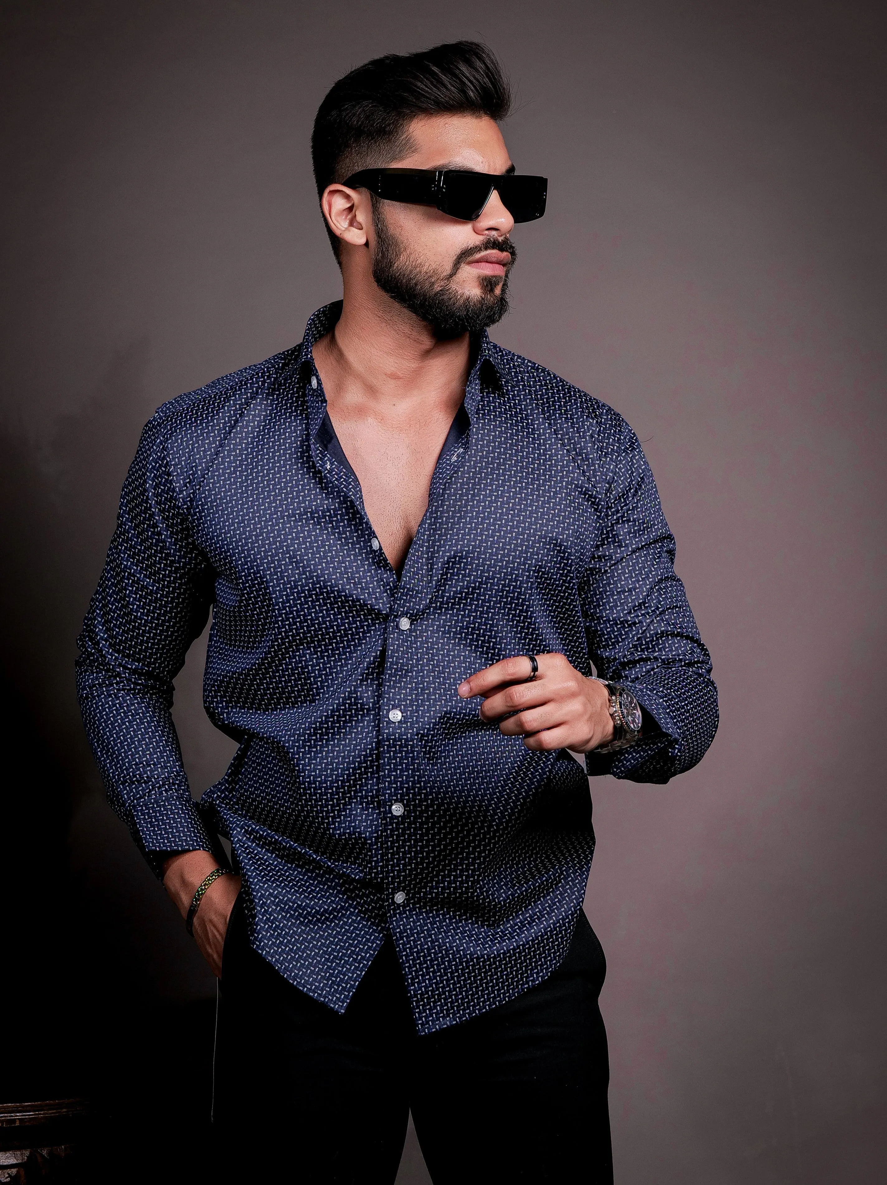 Navy Satin Cotton Print Premium Shirt