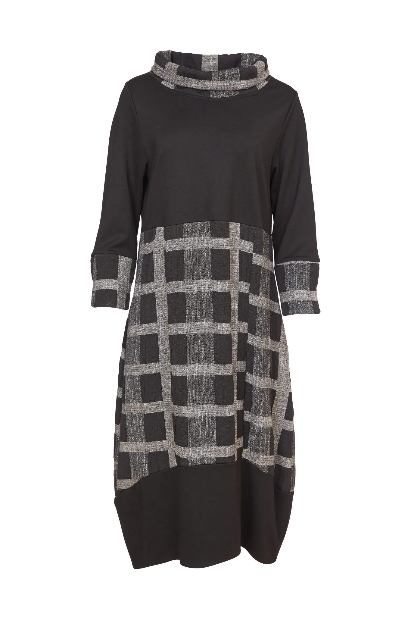 Naya Black Midi Dress with contrast pattern panels. Naw24214