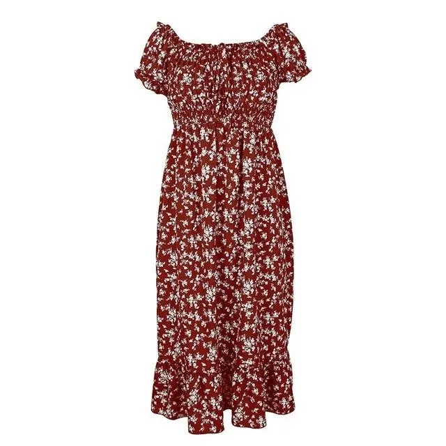 Off Shoulder  Floral Print Ruffle High Waist Midi Boho Dress