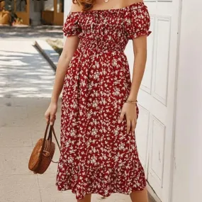 Off Shoulder  Floral Print Ruffle High Waist Midi Boho Dress