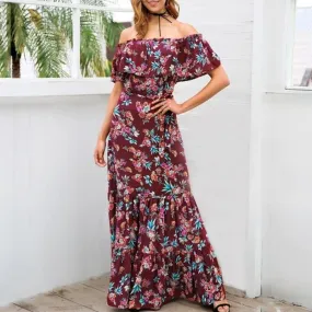 Off Shoulder Floral Print Summer Boho Maxi Dress