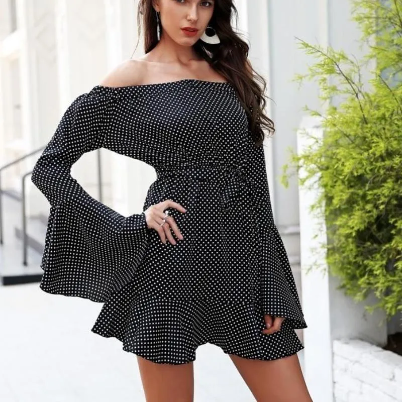 Off shoulder Polka Dot Summer Flare Sleeve Dress