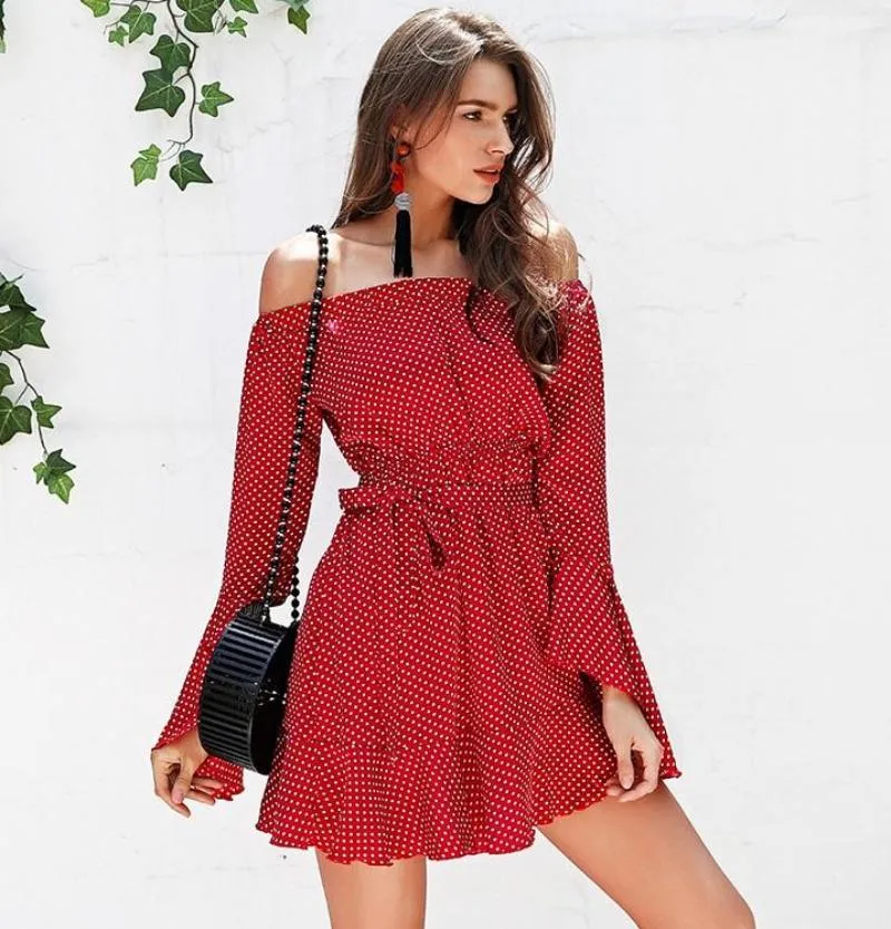 Off shoulder Polka Dot Summer Flare Sleeve Dress