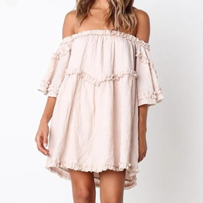 Off Shoulder Ruffle Short Cotton Vintage Dress