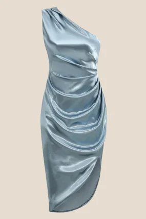 One Shoulder Blue Ruched Irregular Dress with Slit