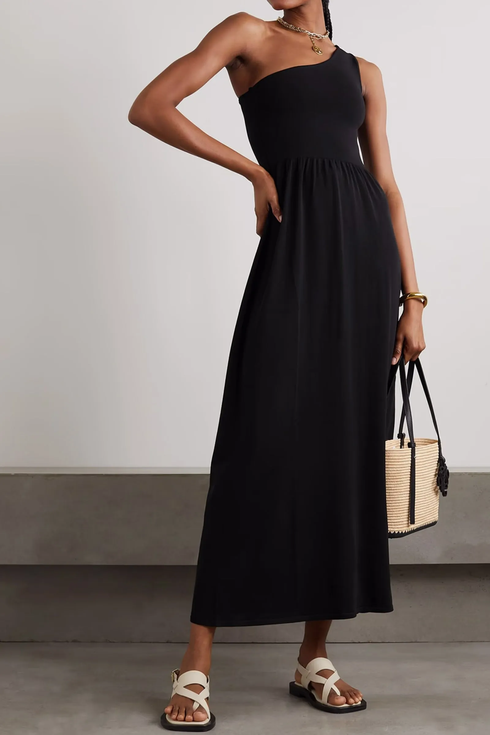 One-shoulder stretch-knit maxi dress