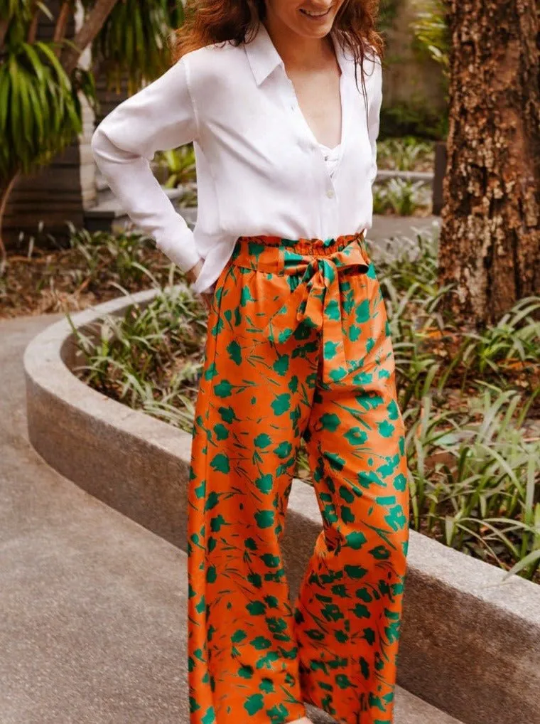 Paloma Floral Print Belted Silk Palazzo Pant  - Orange/Green Floral