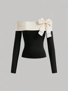 Parien Block Bow Decorated Off Shoulder Top