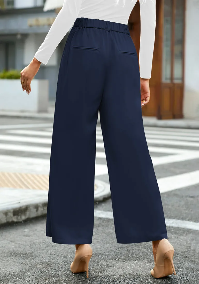 Petite Navy Blue High Waisted Wide Leg Pants for Women Business Casual Flowy Trouser