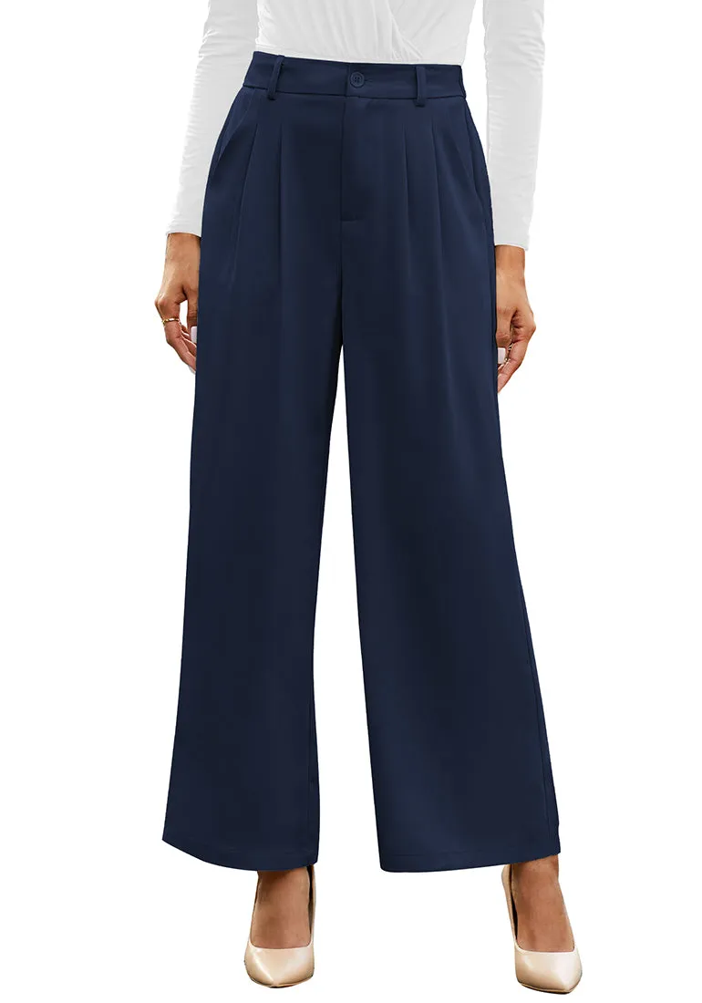 Petite Navy Blue High Waisted Wide Leg Pants for Women Business Casual Flowy Trouser