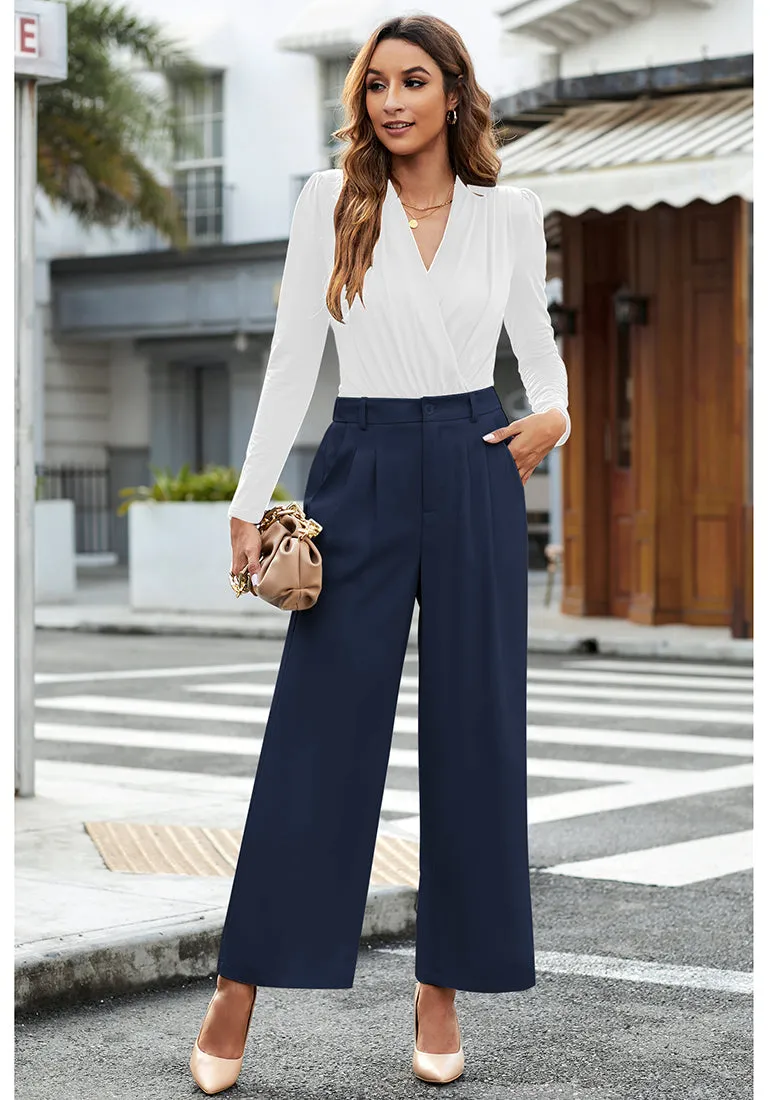 Petite Navy Blue High Waisted Wide Leg Pants for Women Business Casual Flowy Trouser