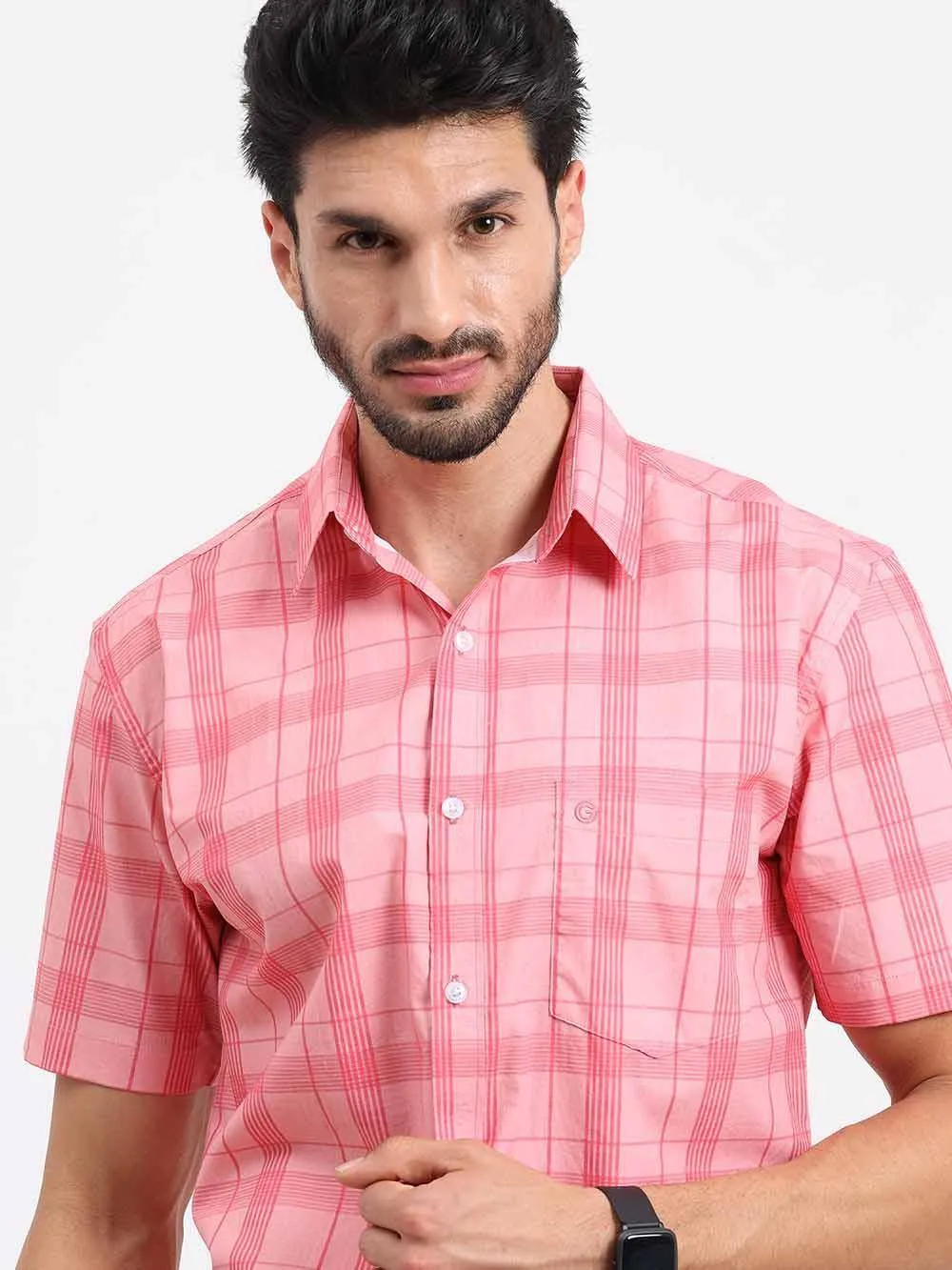 Pink Stripe Checks Half Sleeve Shirt