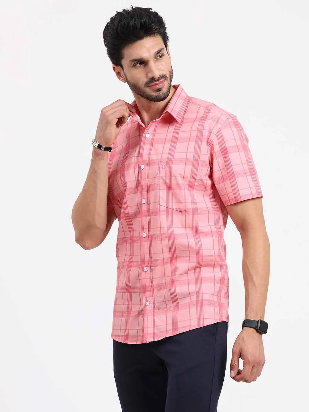 Pink Stripe Checks Half Sleeve Shirt