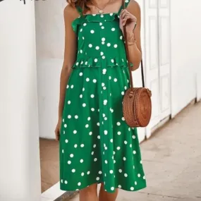 Polka Dot Ruffle Spaghetti Straps Buttons Midi High Waist Holiday Dress