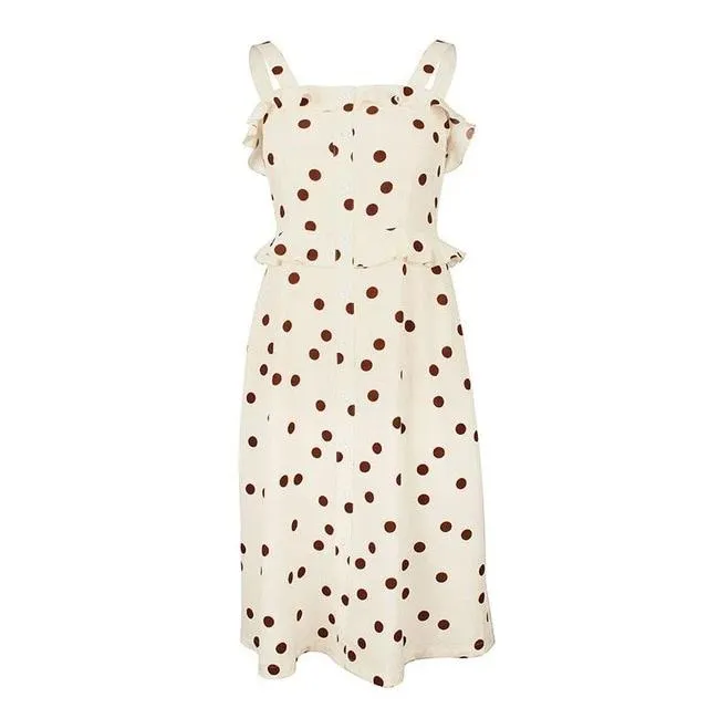 Polka Dot Ruffle Spaghetti Straps Buttons Midi High Waist Holiday Dress