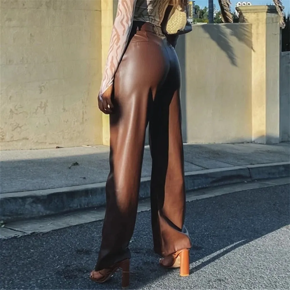 PU Leather High Waist Wide Leg Pants