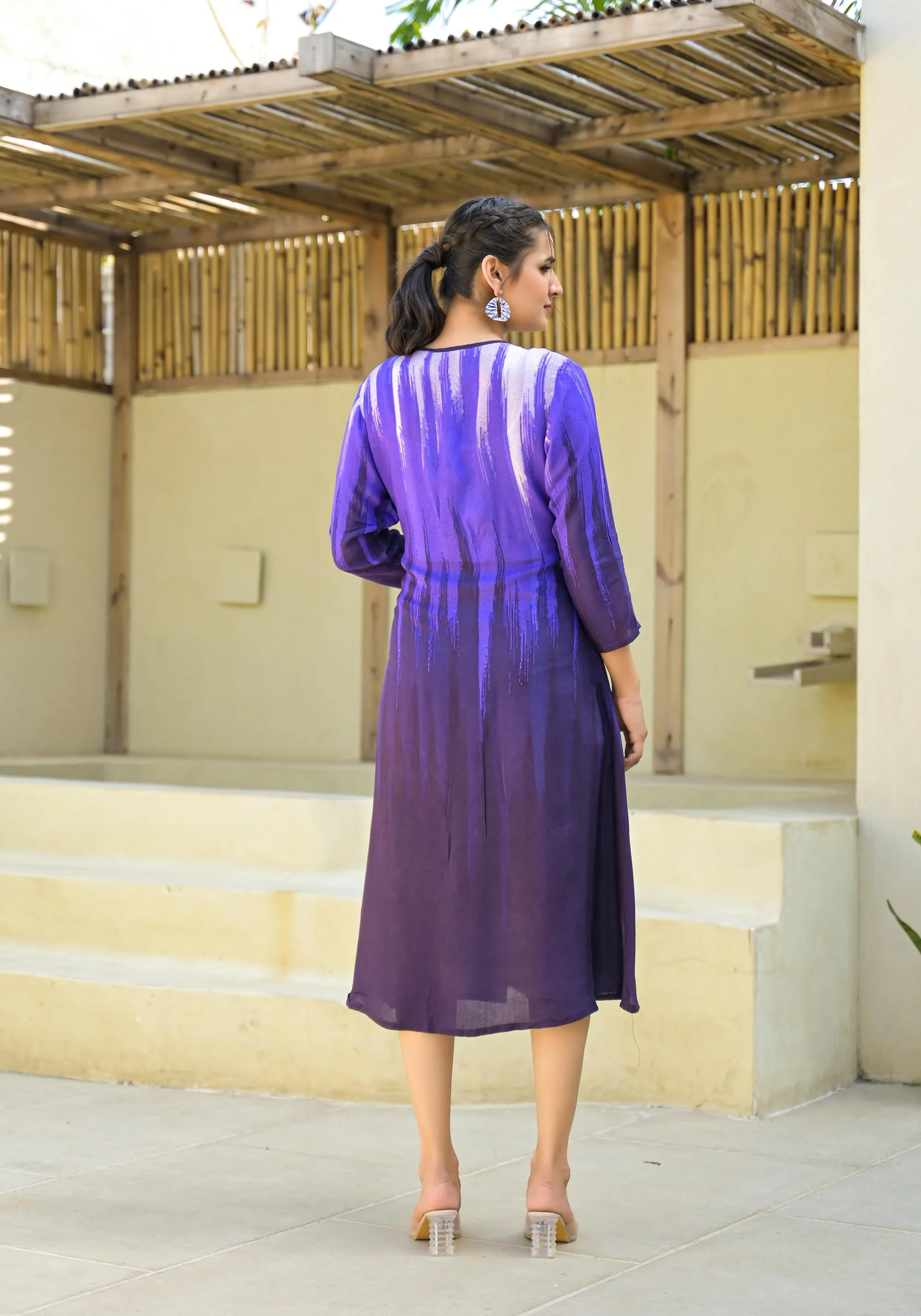 Purple women muslin dress with vibrant tie & dye print