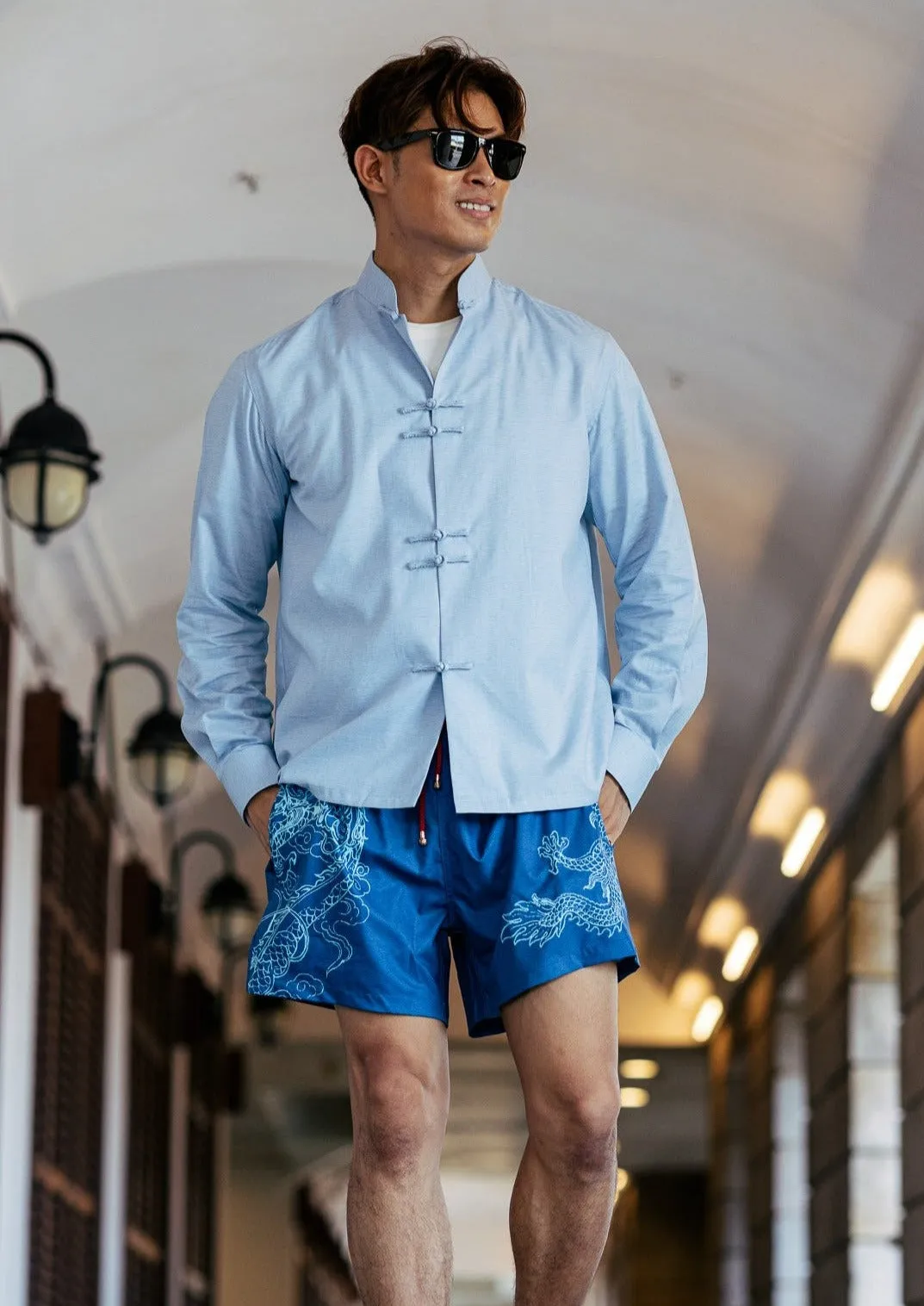 Qipology X Mazu Resortwear Cotton Linen Tang Shirt (Light Blue)