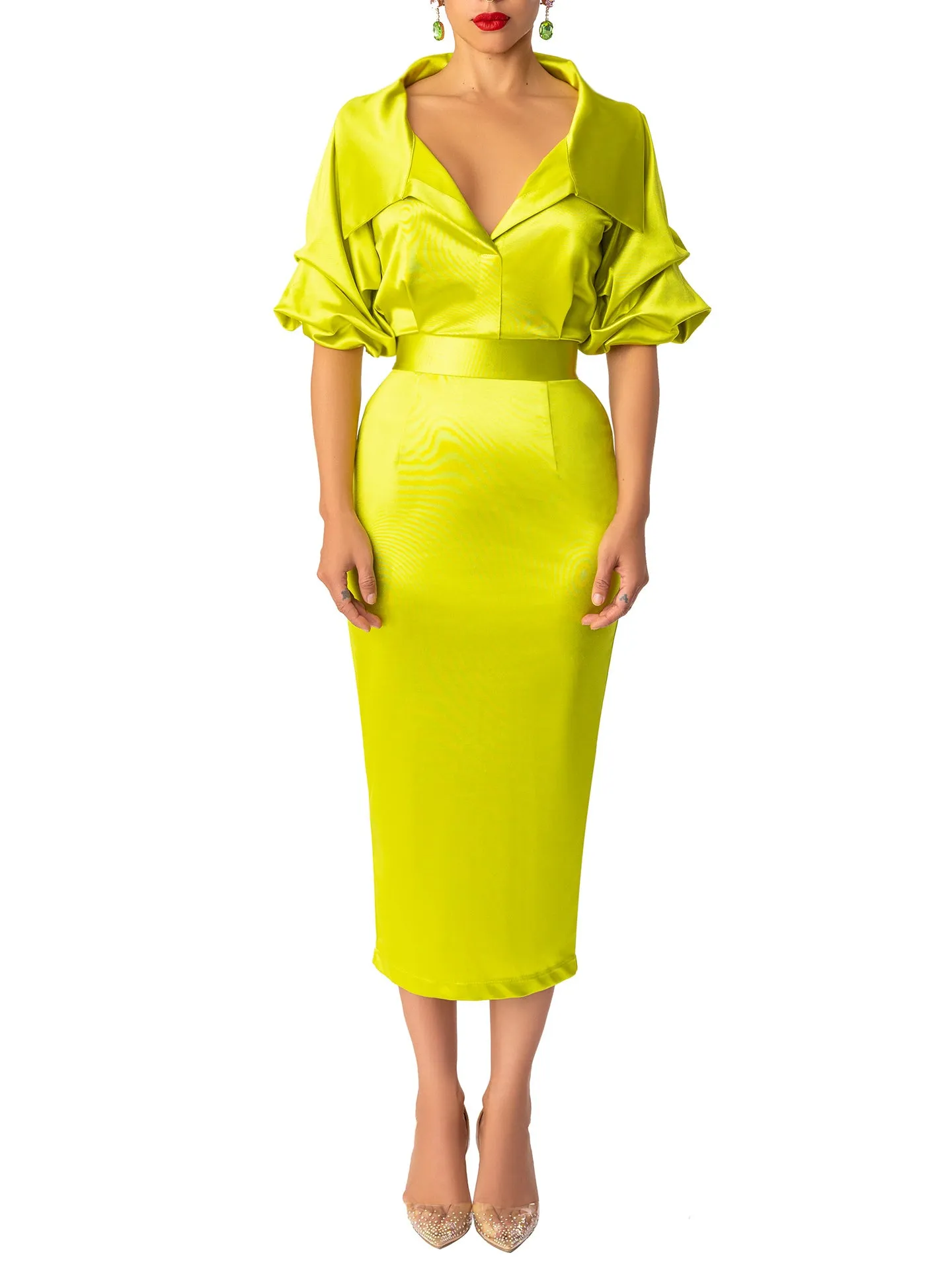 "Peridot" Chartreuse Midi Off Shoulder Dress