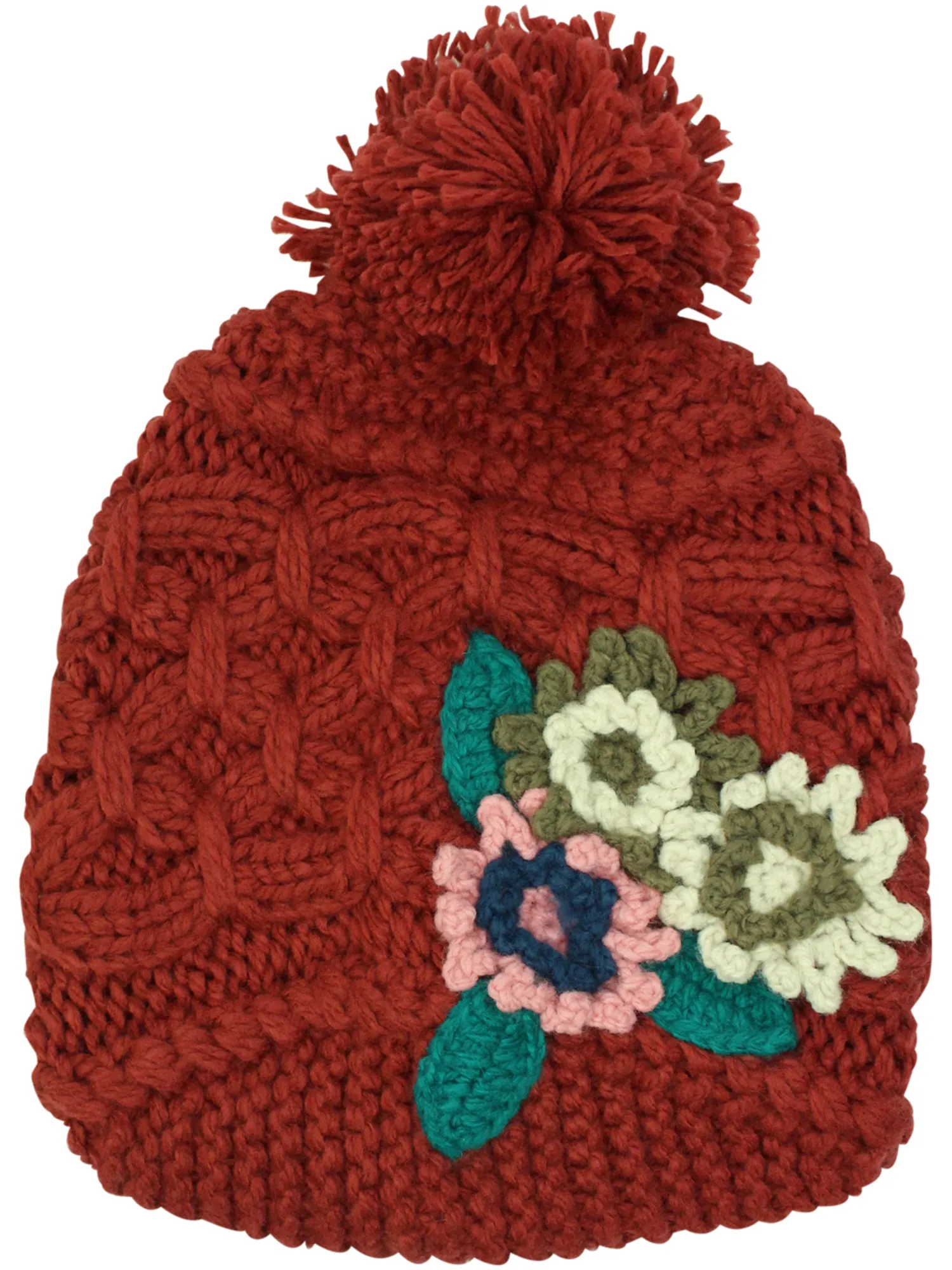 Red Chunky Knit Floral Slouchy Beanie Cap Hat