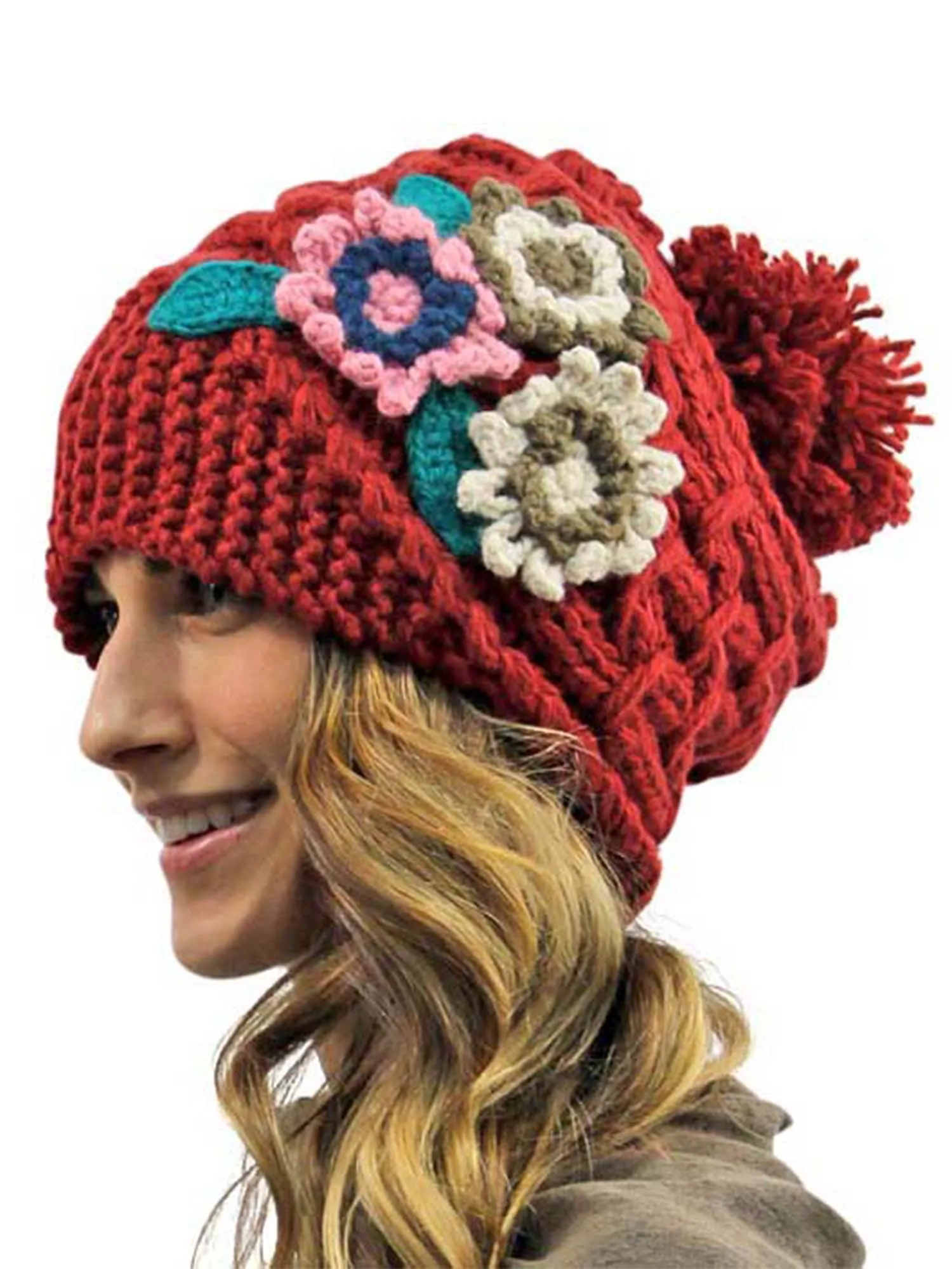 Red Chunky Knit Floral Slouchy Beanie Cap Hat