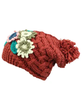 Red Chunky Knit Floral Slouchy Beanie Cap Hat