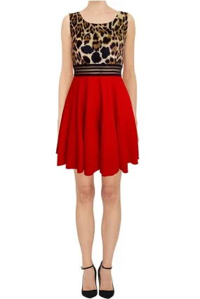 Red Leopard Color Block Sheer Cut-out A-line Skater Dress U.S.A.