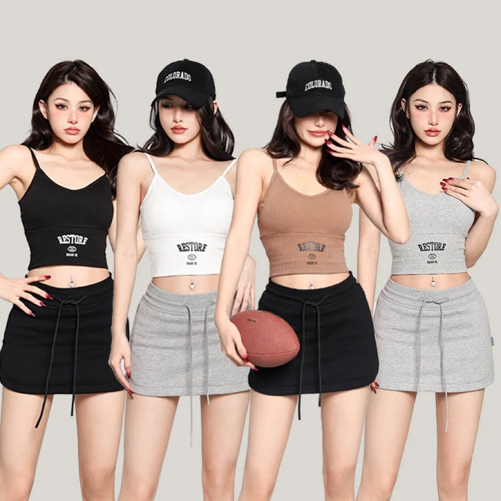 RESTORE Solid Color Sporty Spaghetti Strap Slim Cropped Top