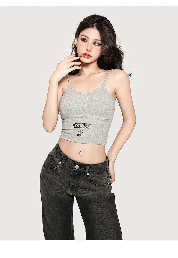 RESTORE Solid Color Sporty Spaghetti Strap Slim Cropped Top