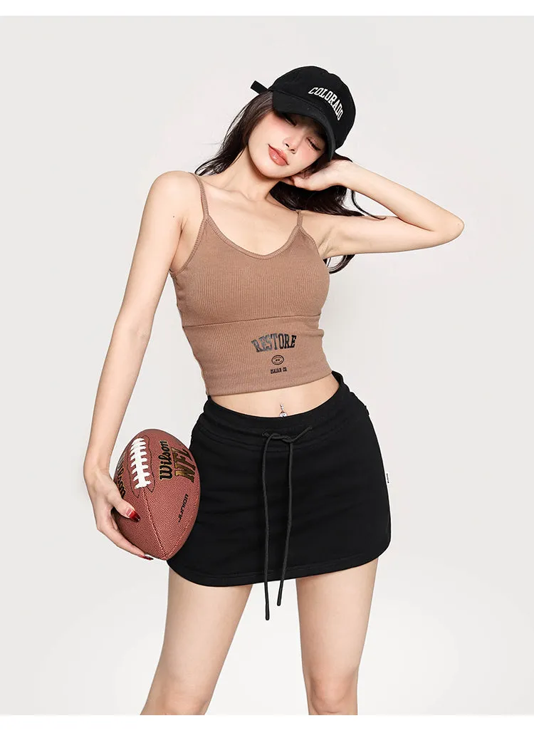 RESTORE Solid Color Sporty Spaghetti Strap Slim Cropped Top