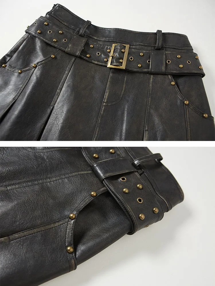 Retro Leather Rivet Belt Skirt