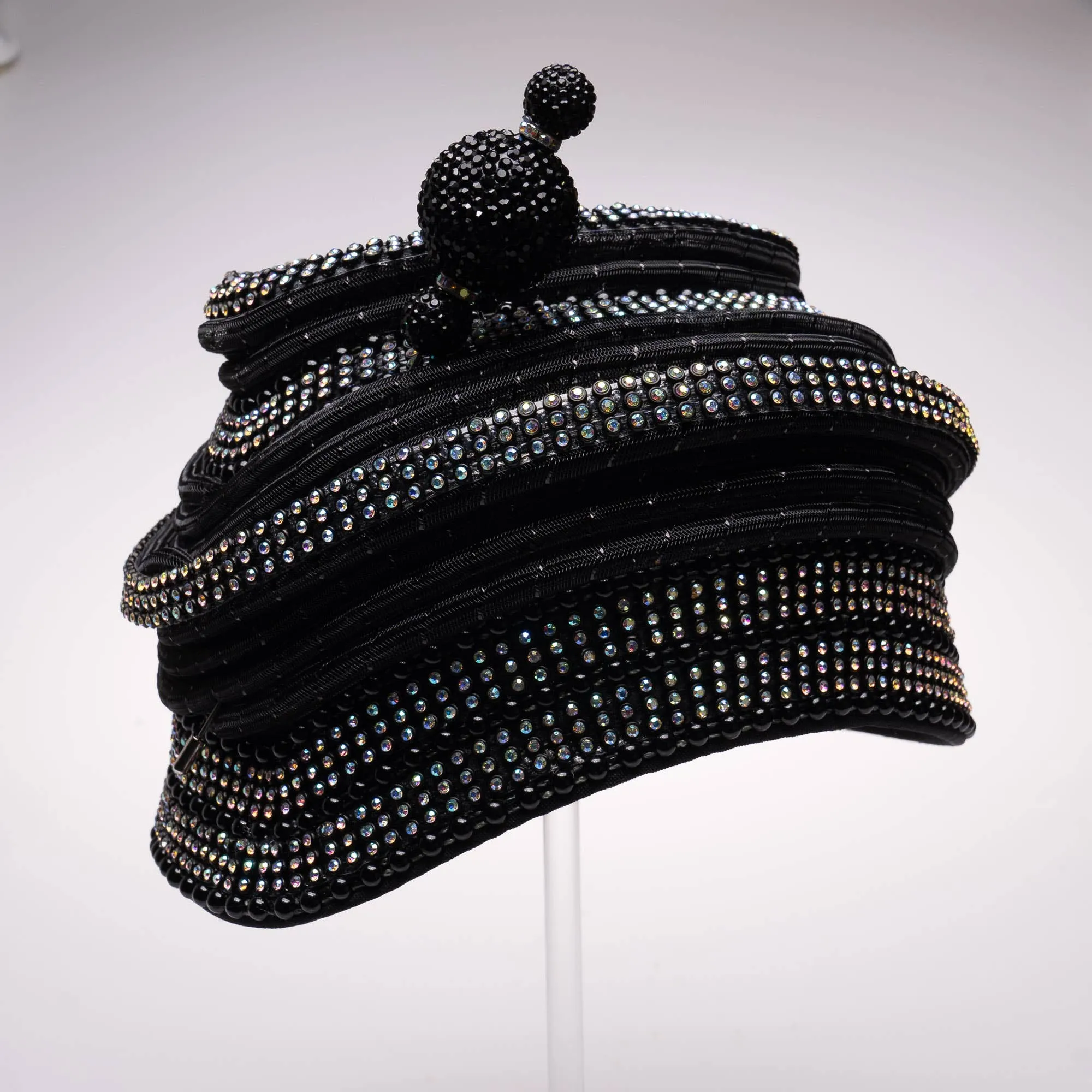 Rhinestone And Crinoline Tube Cloche with Pin: Black