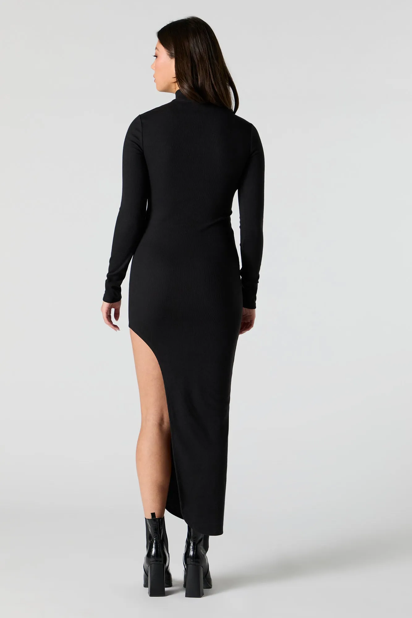 Ribbed Turtleneck Bodycon Slit Midi Dress