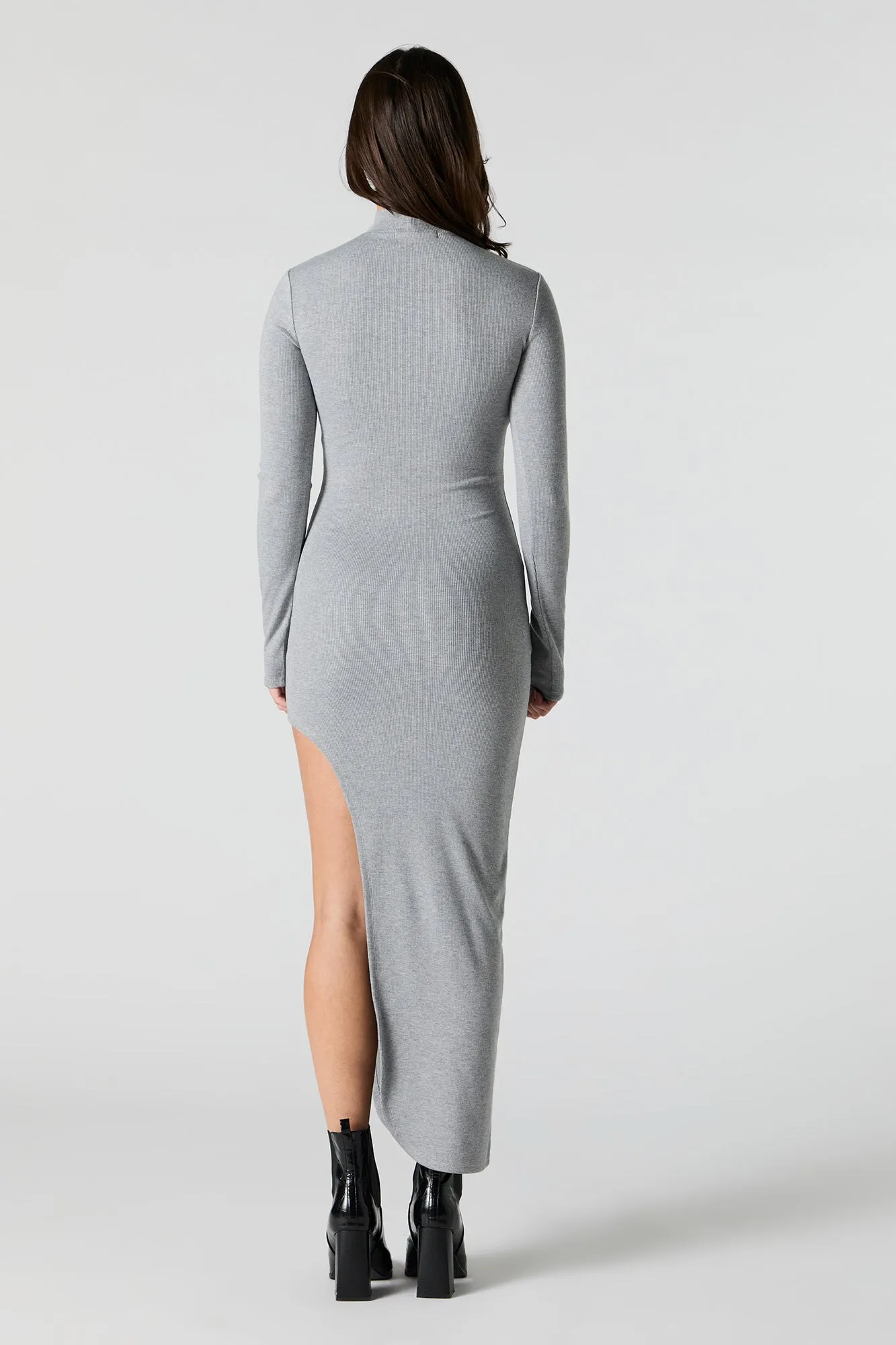 Ribbed Turtleneck Bodycon Slit Midi Dress