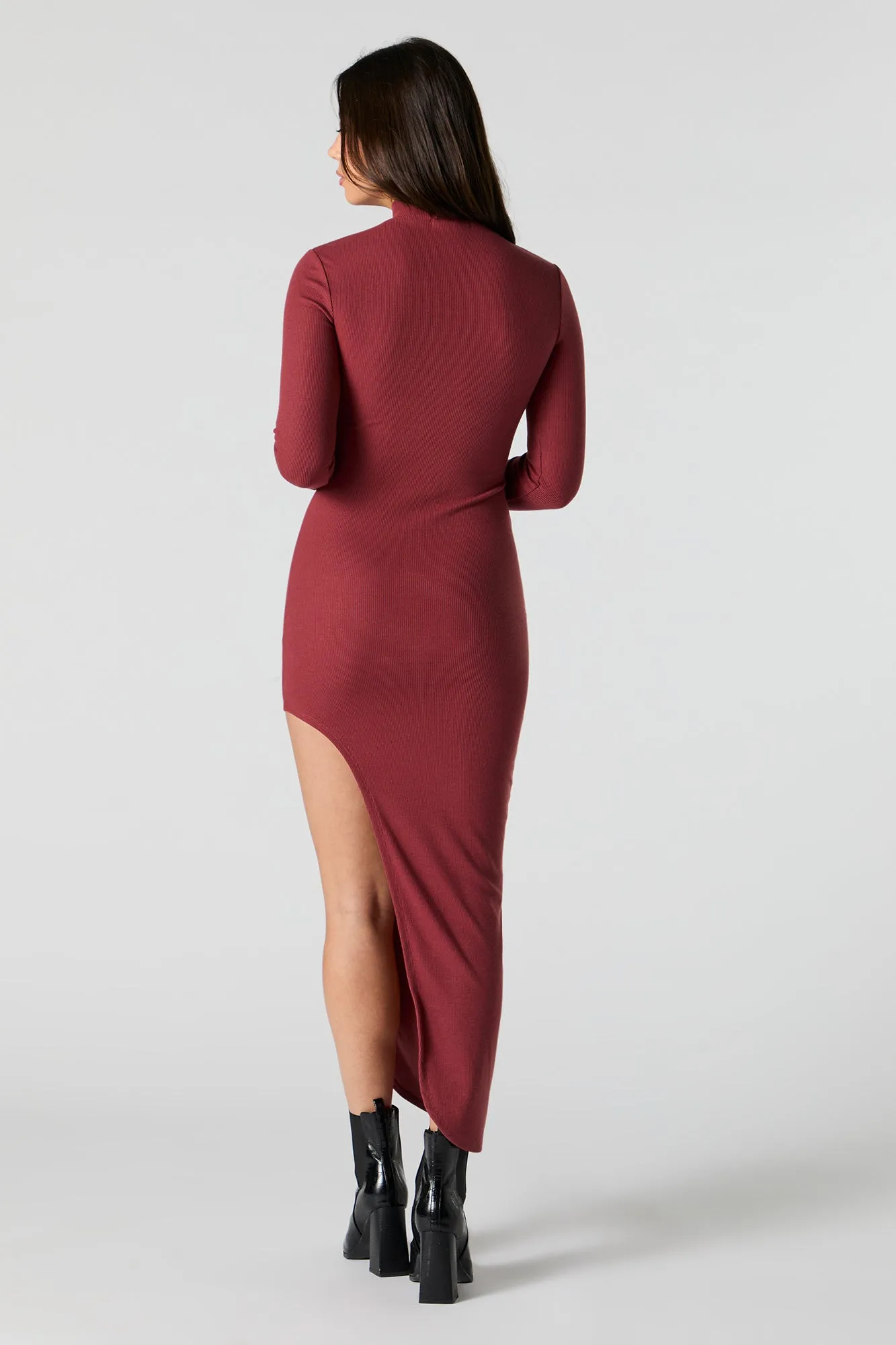 Ribbed Turtleneck Bodycon Slit Midi Dress