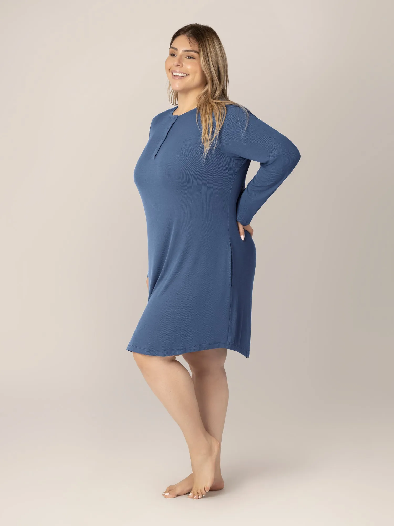 Riley Ribbed Bamboo Maternity & Nursing Nightgown | Slate Blue