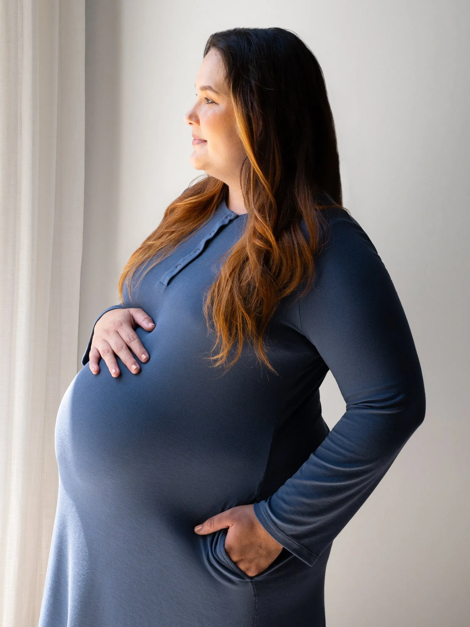 Riley Ribbed Bamboo Maternity & Nursing Nightgown | Slate Blue