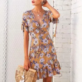 Ruffle Floral Print Sexy Drawstring Short Dress